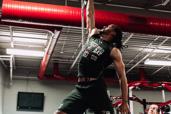 Senior defensive back John Bonney jumps in the vertical jump test at 10 a.m. on Monday, March 25, 2019 in the Sports Performance Center. Texas Tech Athletics invited scouts from NFL teams to watch prospective players perform various workouts.