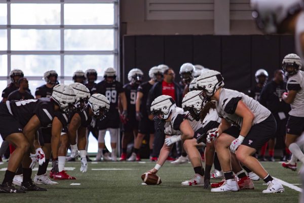 Offense and defensive players line up to practice a play during Spring Football Practice at 3:45 p.m. on March 3, 2019 in the Sports Performance Center. Today's practice was the first practice available for media under Head Coach Matt Wells.