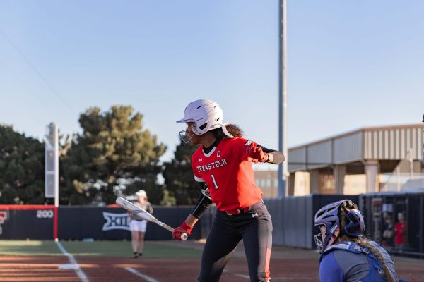 Redshirt sophomore OF Heaven Burton gets set at home plate during game two against Kansas at 6 p.m. on Friday, April 19, 2019 at Rocky Johnson Field. The Red Raiders tie the seres against the Jayhawks, 10-2 in five innings.