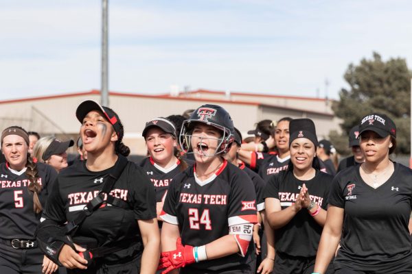 Sophomore INF Breanna Russell celebrates a walk off run with her teammates during game two against Texas at 3 p.m. on Saturday, April 6, 2019 at Rocky Johnson Field. The Red Raiders walk off the Longhorns in the seventh inning, 3-2.