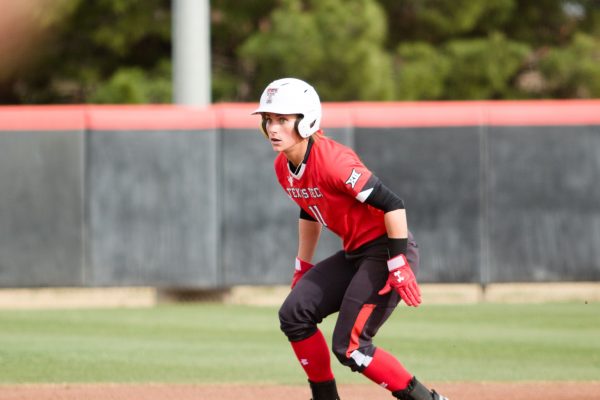 Sophomore Taylor Satchell looks for an opportunity to steal against University of Texas at Arlington at 3 p.m. on March 1, 2019, at Rocky Johnson Field. The No. 18 Lady Raiders defeated the Mavericks 9-1.