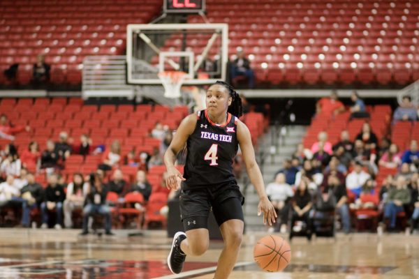 Freshman guard Chrislyn Carr hustles down the court against Oklahoma at 7 p.m. on March 5, 2019 in the United Supermarkets Arena. The Lady Raiders defeated the Sooners 88-82.